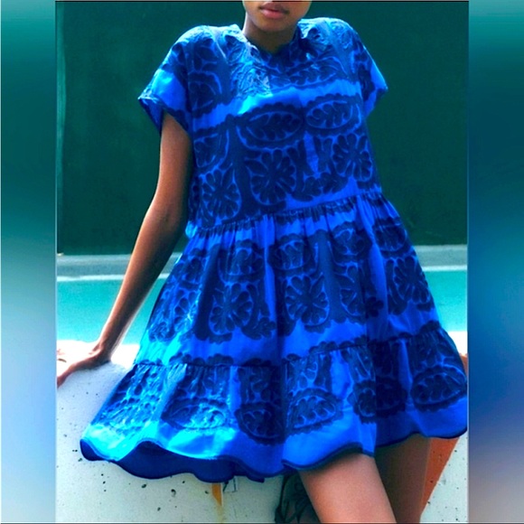 New ZARA Royal Blue Embroidered Dress - Picture 2 of 7